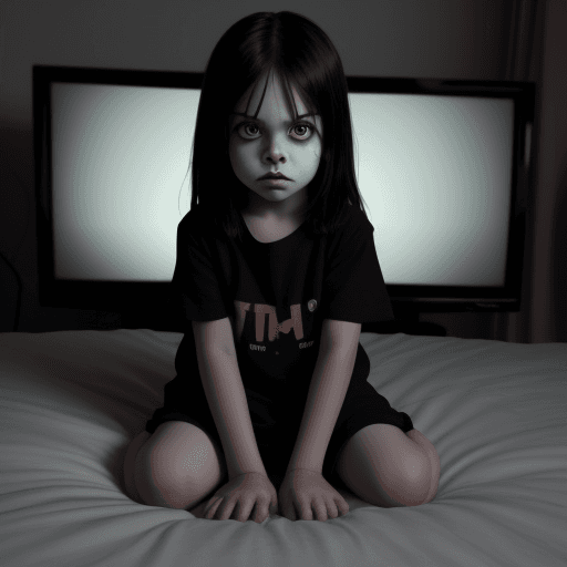 AI generated: Scary young child, sitting on bed, TV on fuzzy screen