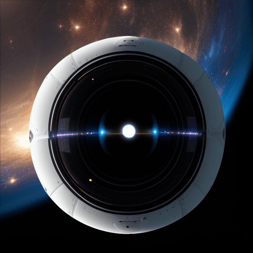 AI generated: robotic ball with big lens in front flying in space, 8k