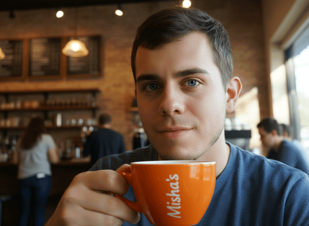 AI generated: The guy has blue eyes. He is at a coffee shop. He is grabbing his orange coffee cup. The cup says on...