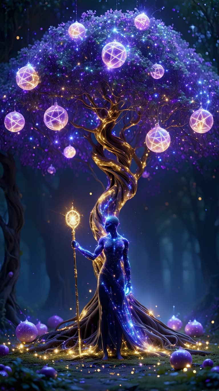 AI generated: A celestial gardener, their body a fusion of amethyst light and golden roots, stands before a massiv...
