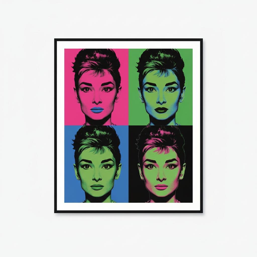 AI generated: Audrey Hepburn, in the style of Andy Warhol, simple background, pink, green, blue, and black colors ...