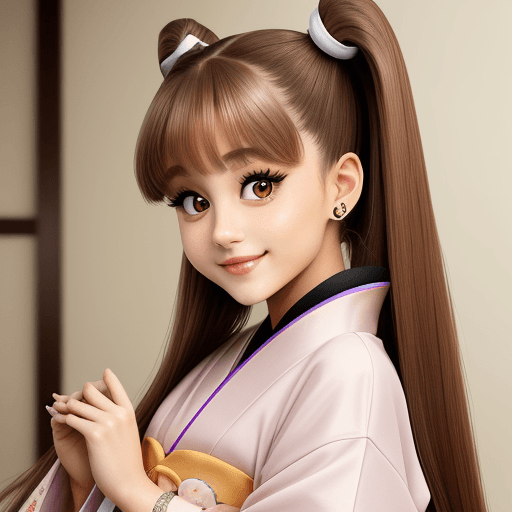 AI generated: Ariana grande wearing kawaii japenese fashion she is smiling she had brown hair 