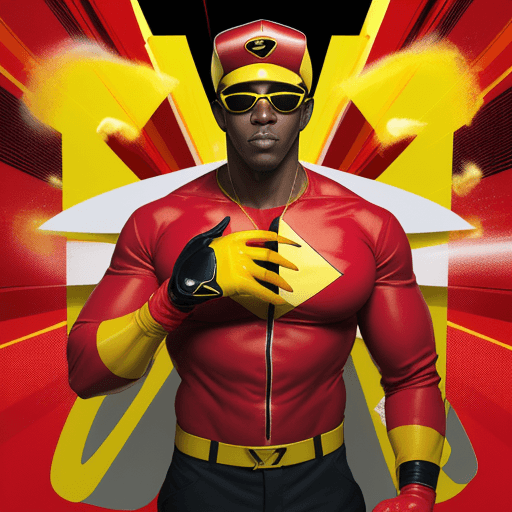 AI generated: A Blackman superhero wearing a primarily red and yellow costume that includes a red baseball cap, su...