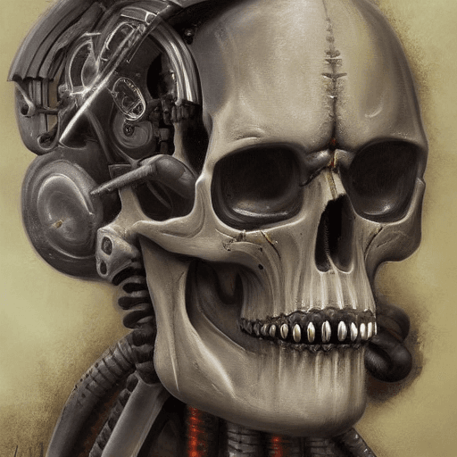 AI generated: high resolution, painting, cyborg, skull, warhammer, style of h.r. Giger