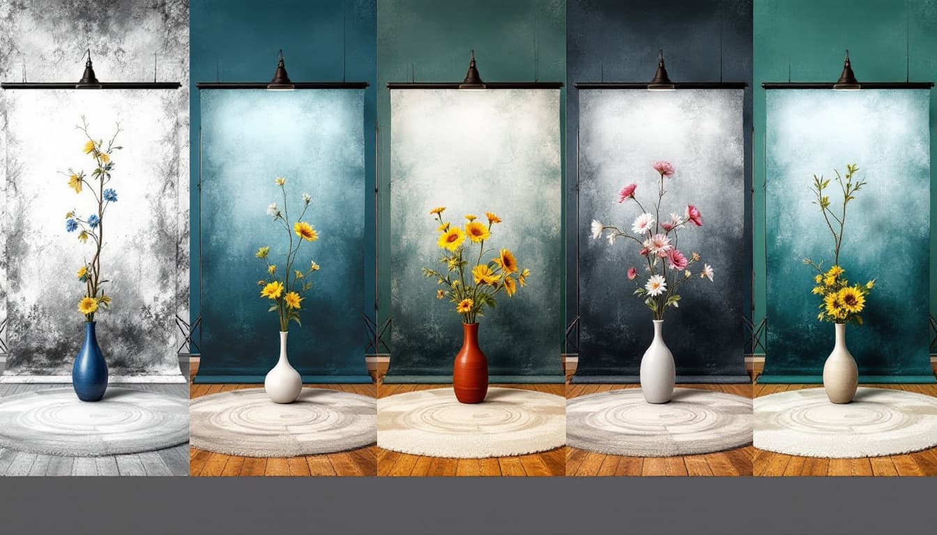 AI generated: generate 5 different images of a photography studio backdrop that has images of modern design with f...