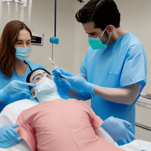 AI generated: Pink haired woman wearing blue surgical gown, teal latex gloves, white surgical mask performing surg...