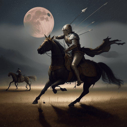 AI generated: painting , war , battle , knights on horseback , fighting each other, night , moon , fog , rain pour...