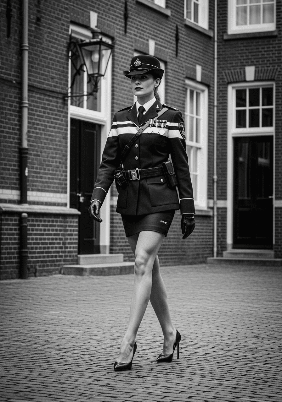 AI generated: Stunning handsome police agent,  walks in 1978 on the street of Amsterdam