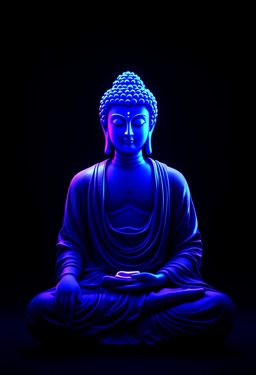 AI generated: vaporwave style, neon blue statue of a lord buddha with curly hair sitting on a black background, da...