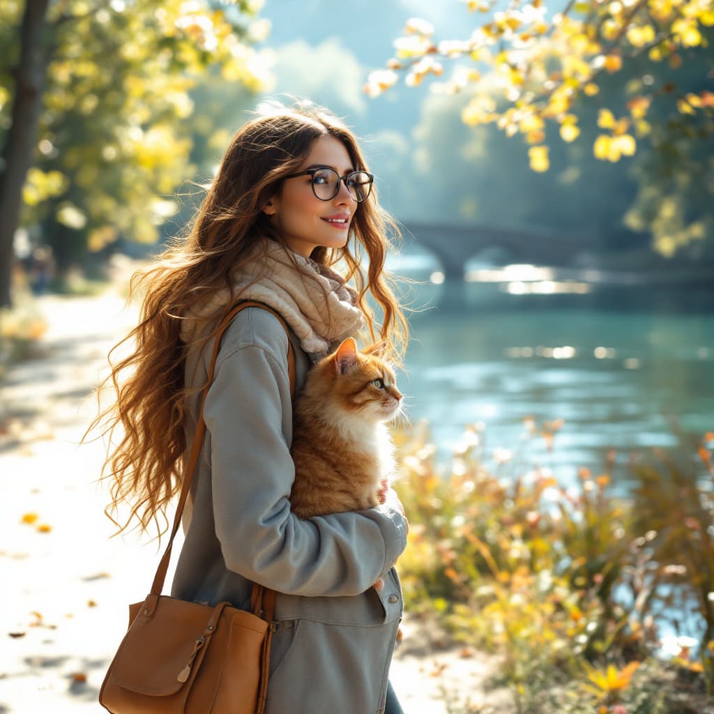 AI generated: On a sunny morning, a long-haired beautiful lady wearing glasses is walking by the river with her ca...