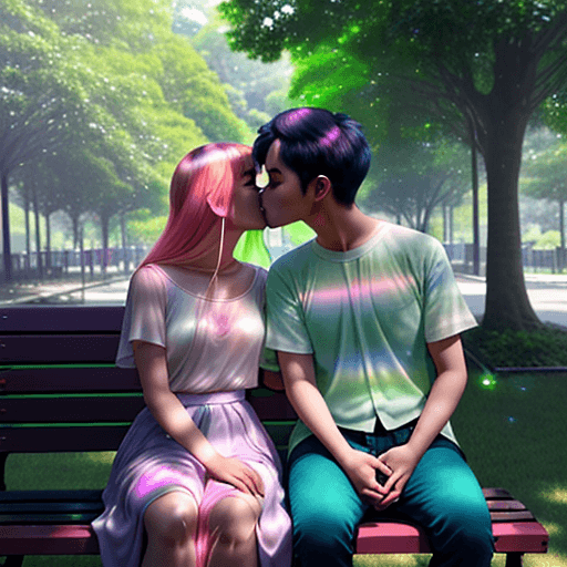 AI generated: color photo of a pair of ethereal auras KISSING , radiating love and connection, seated on a bench i...