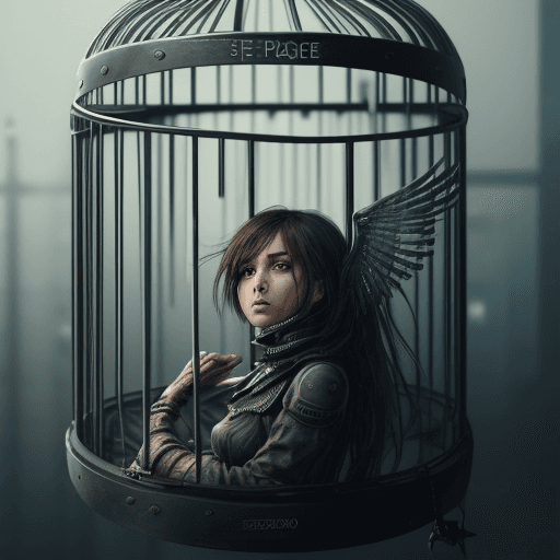AI generated: She's like a bird in a cage with no place to fly, dystopian --s 750