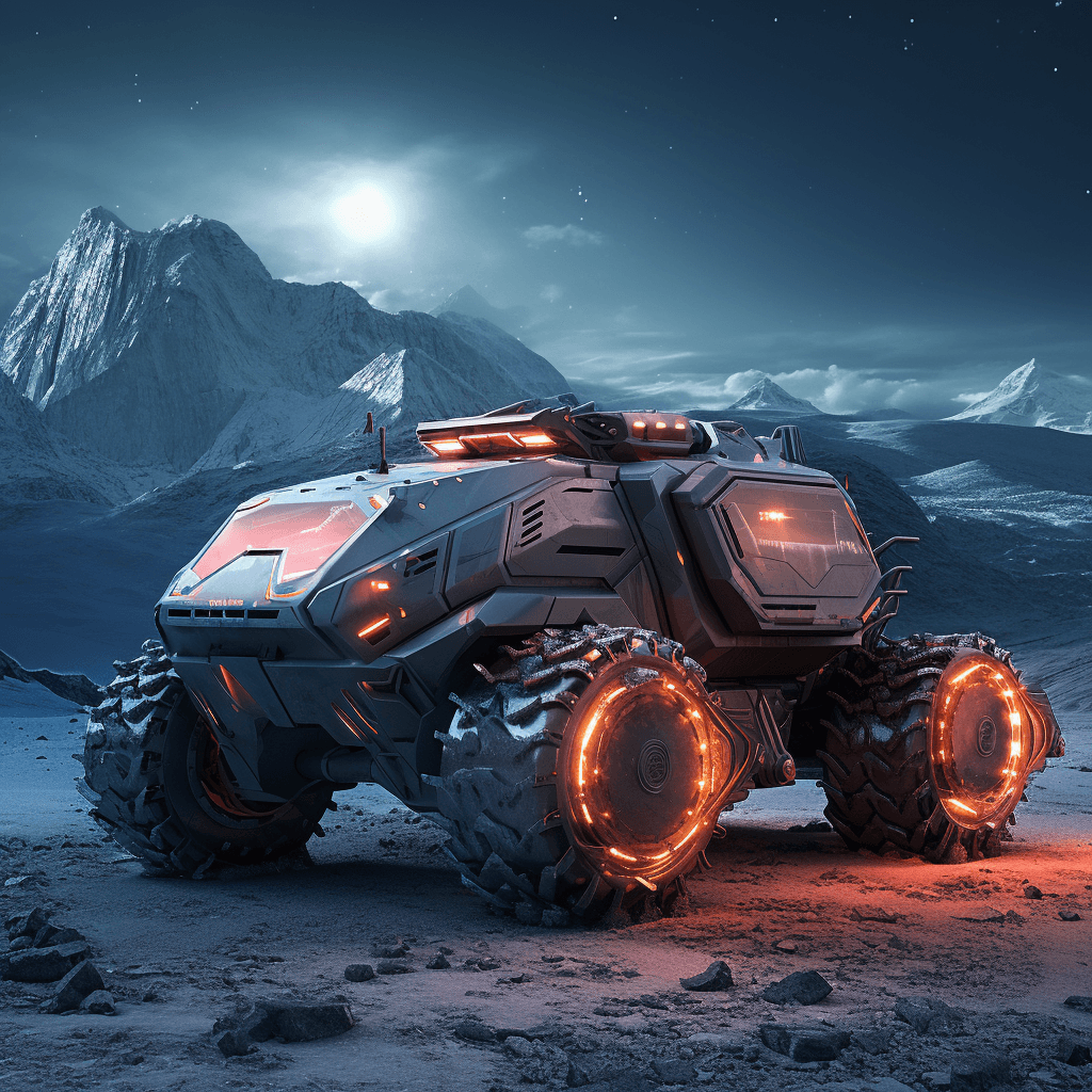 AI generated: light armored vehicle with cabin, rolling across a frozen plain on an alien planet, wide shot, close...