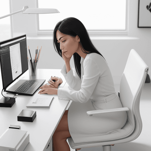 AI generated: modern, minimalist workspace, focused designer woman at a white desk, surrounded by objects of produ...