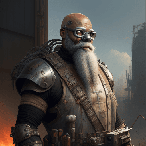 AI generated: 8k an elderly bald african american in rusty scavenger armor and a welders mask a long white beard i...
