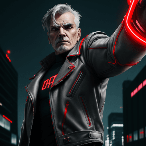 AI generated: 1 man, cyborg, red metal arms, grey hair, black leather jacket, masterpiece, high quality, reaching ...