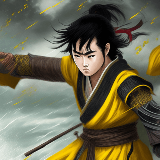 AI generated: A young warrior in ancient China with black hair and wearing yellow Hanfu is fighting on the sea und...