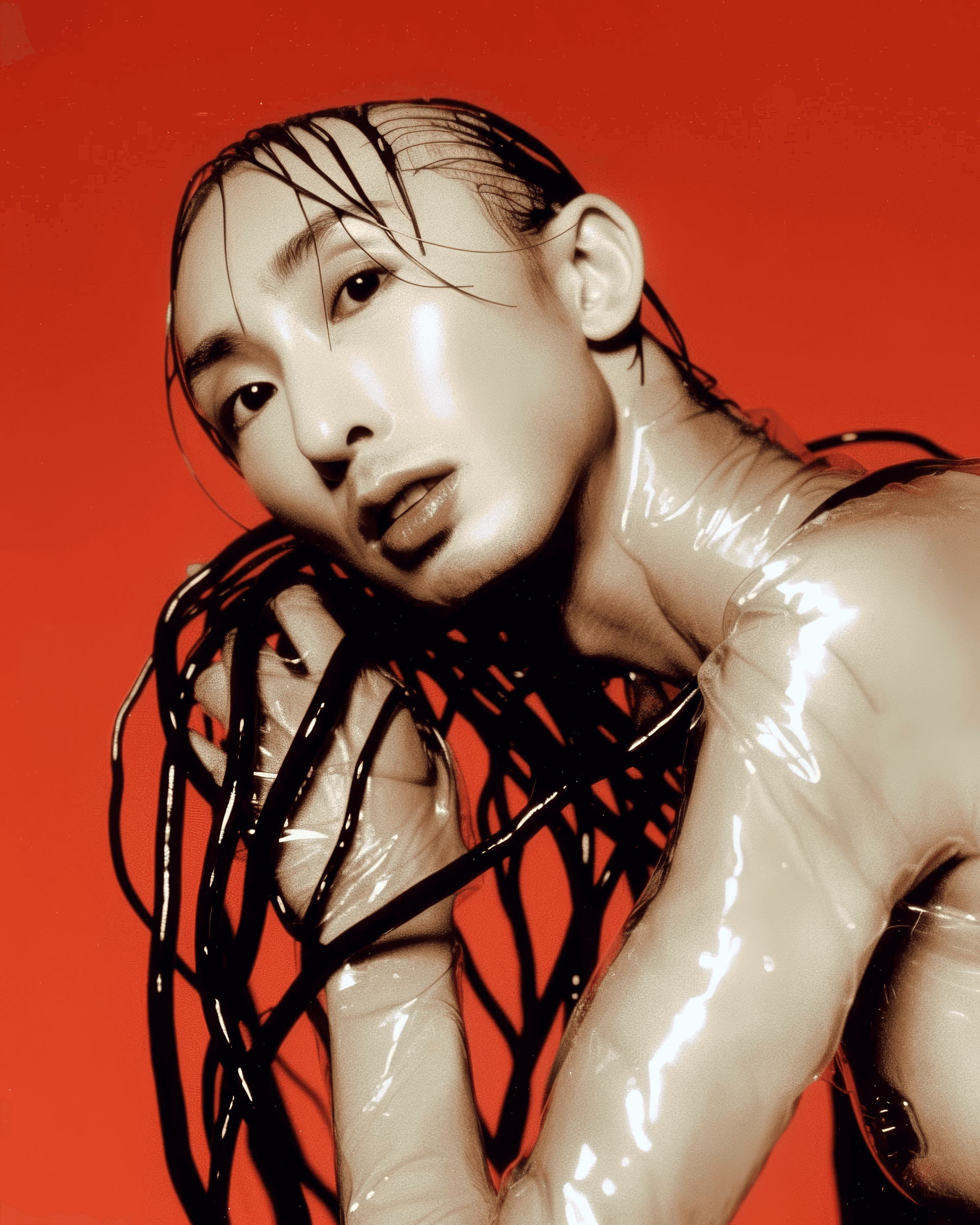 AI generated: A beautiful Asian woman with robotic features, covered in transparent plastic and metal parts, again...
