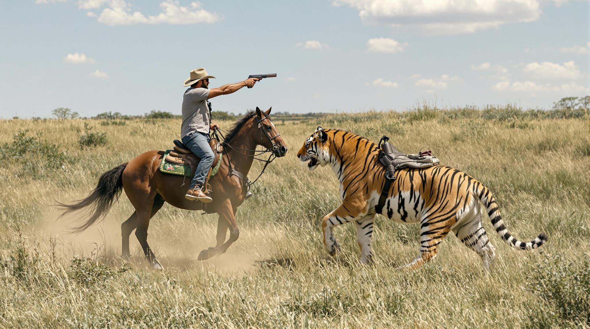 AI generated: a man in Texas riding horse and shooting to tiger 