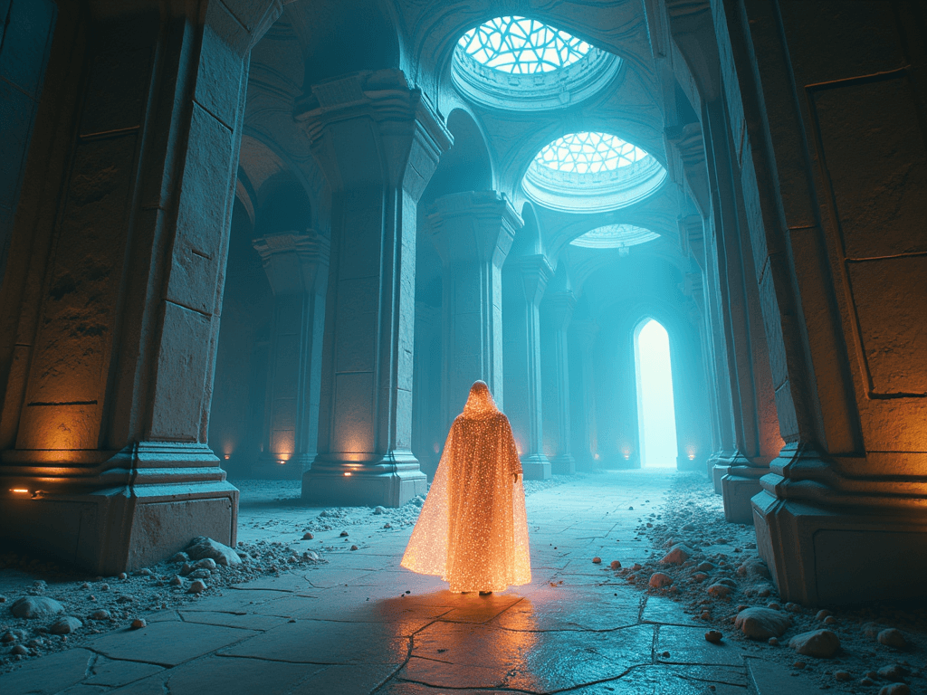 AI generated: A futuristic holographic mage wearing a holographic cloak, equipped with an anti-matter blaster. The...