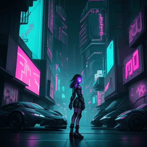 AI generated: girl of the future standing in a panoramic cyberpunk street, futuristic design, electronic artwork, ...