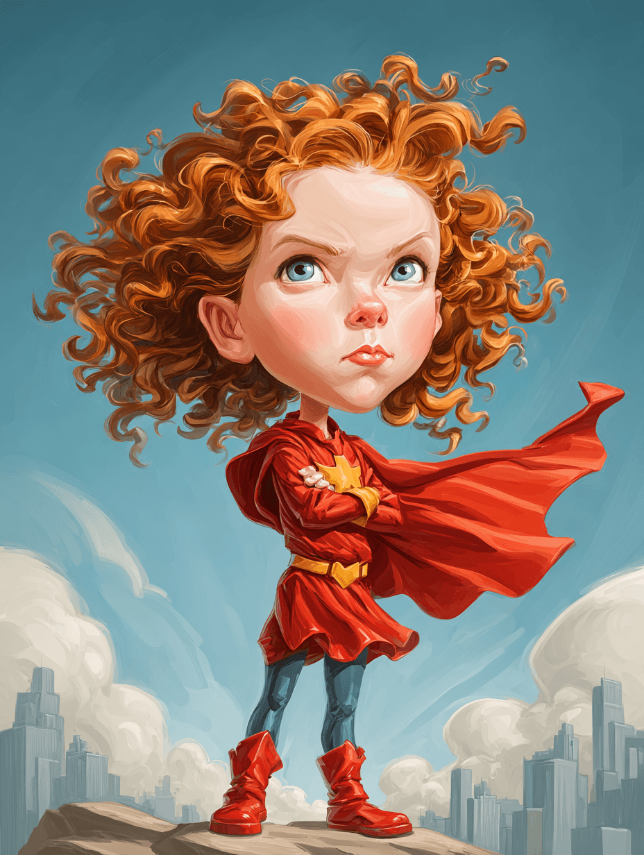 AI generated: funny caricature, tiny superhero girl caricature, young caucasian female, 5 years old, with red curl...