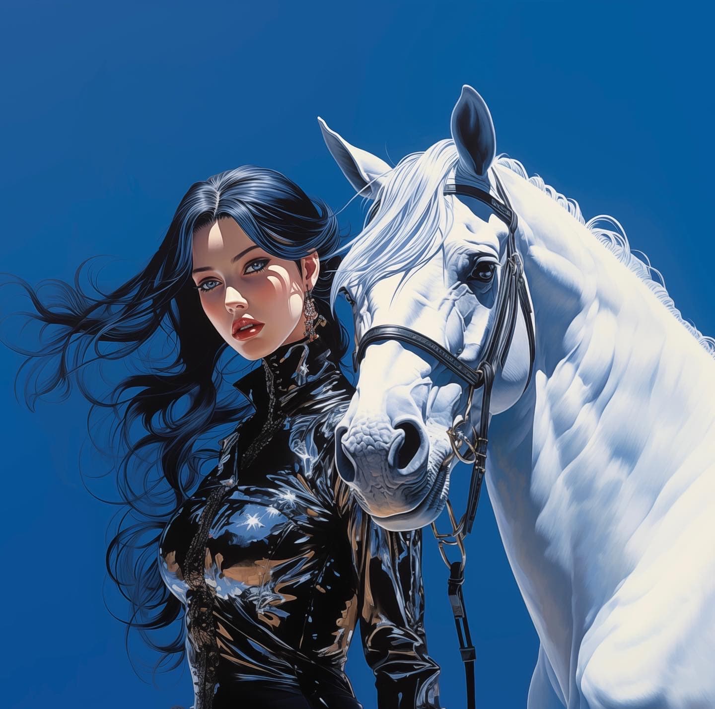 AI generated: girl with horse, blue background, Hajime Sorayama style --v 5.2