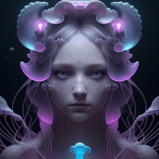 AI generated: Goddess close-up portrait ribcagel. jellyfish phoenix head, nautilus, orchid, skull, betta fish, bio...