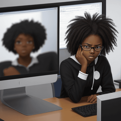 AI generated: A frustrated black student staring at a blank computer screen.
