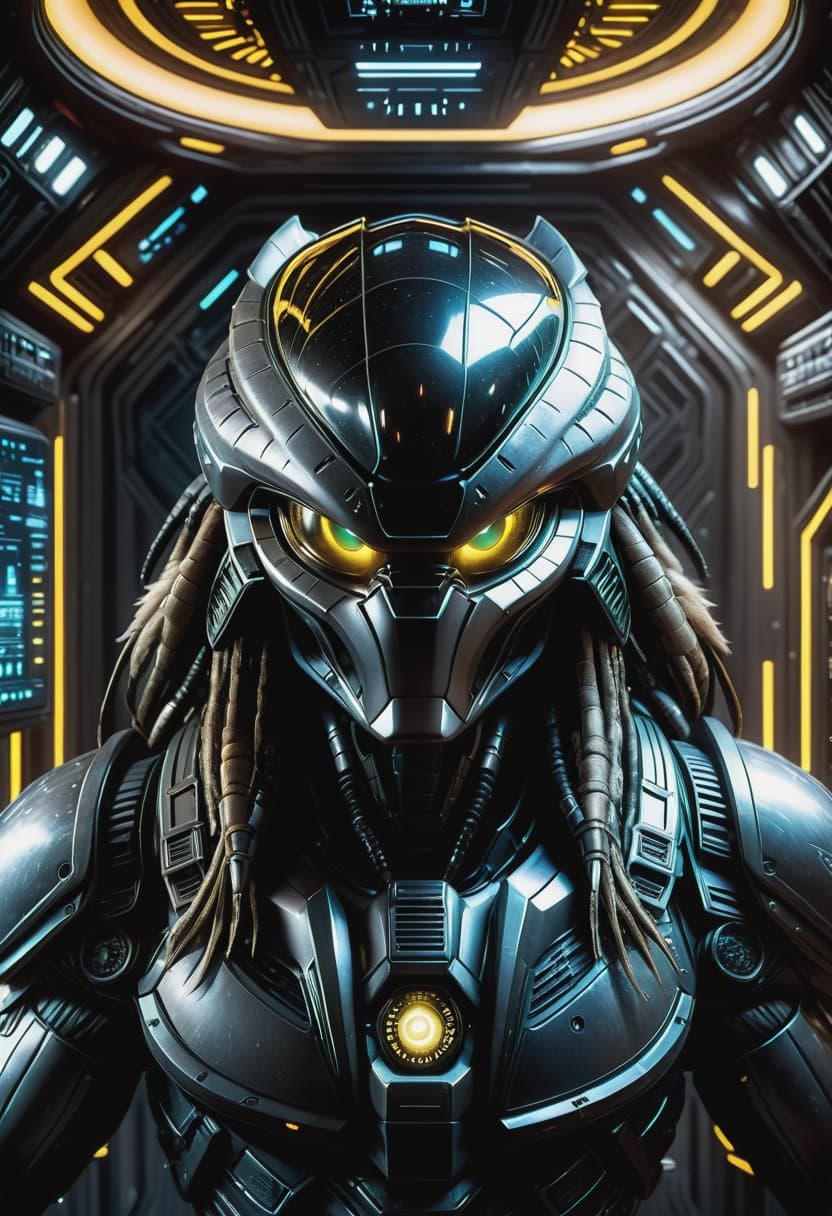 AI generated: a highly detailed cinematic rendering of a predator from the movie alien vs predator, a futuristic h...