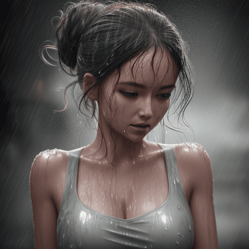 AI generated: A beautiful lady dancing in heavy rain, face and body are wet, messy bun hair  32k UHD, highly detai...