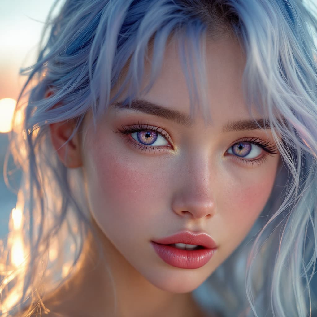 AI generated: Detailed violet eyes, detailed light blue hair, small nose, huge lips, very beautiful facial feature...