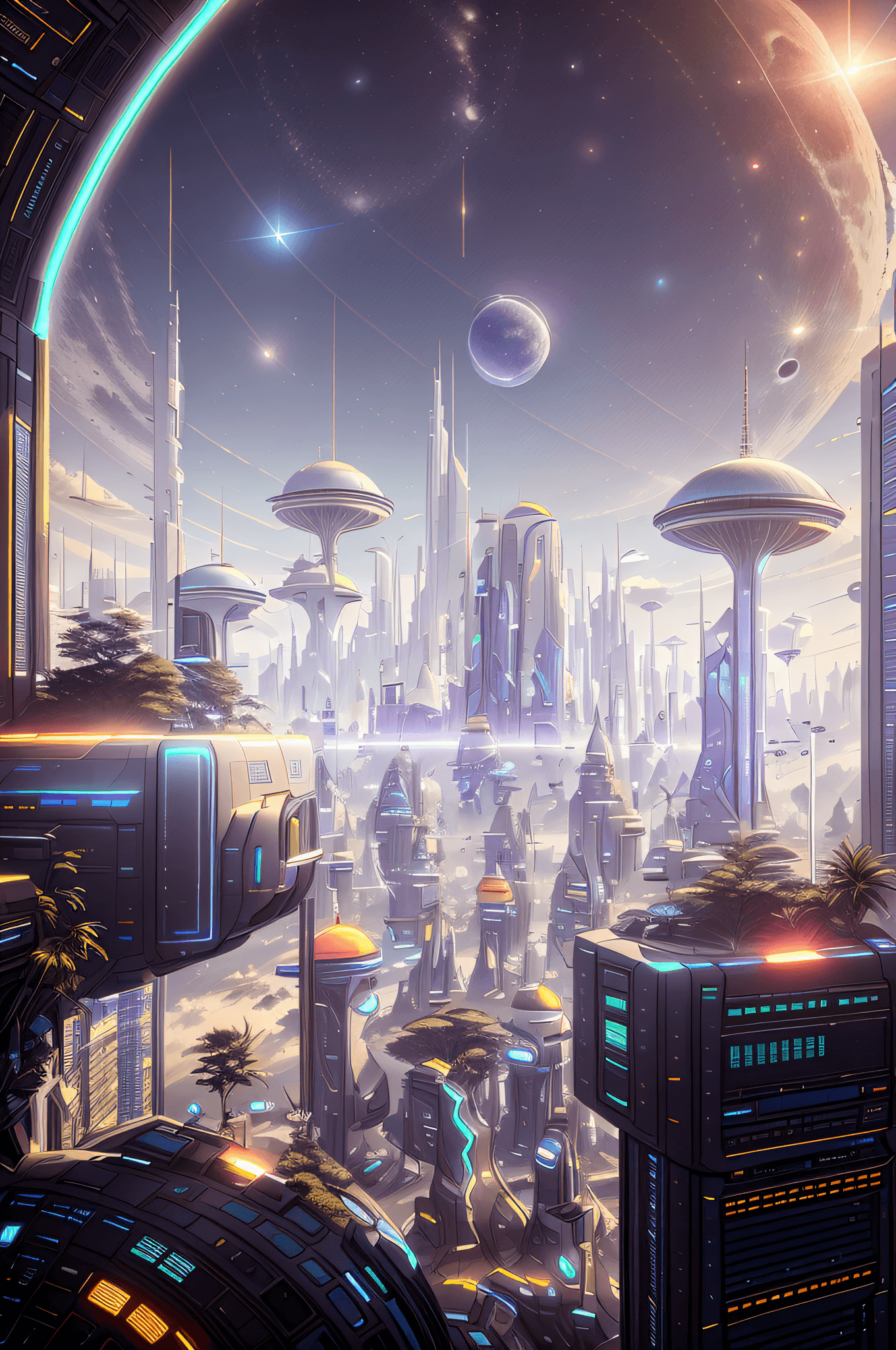 AI generated: a view of a futuristic city with a futuristic sky and a moon, arstation and beeple highly, greg beep...