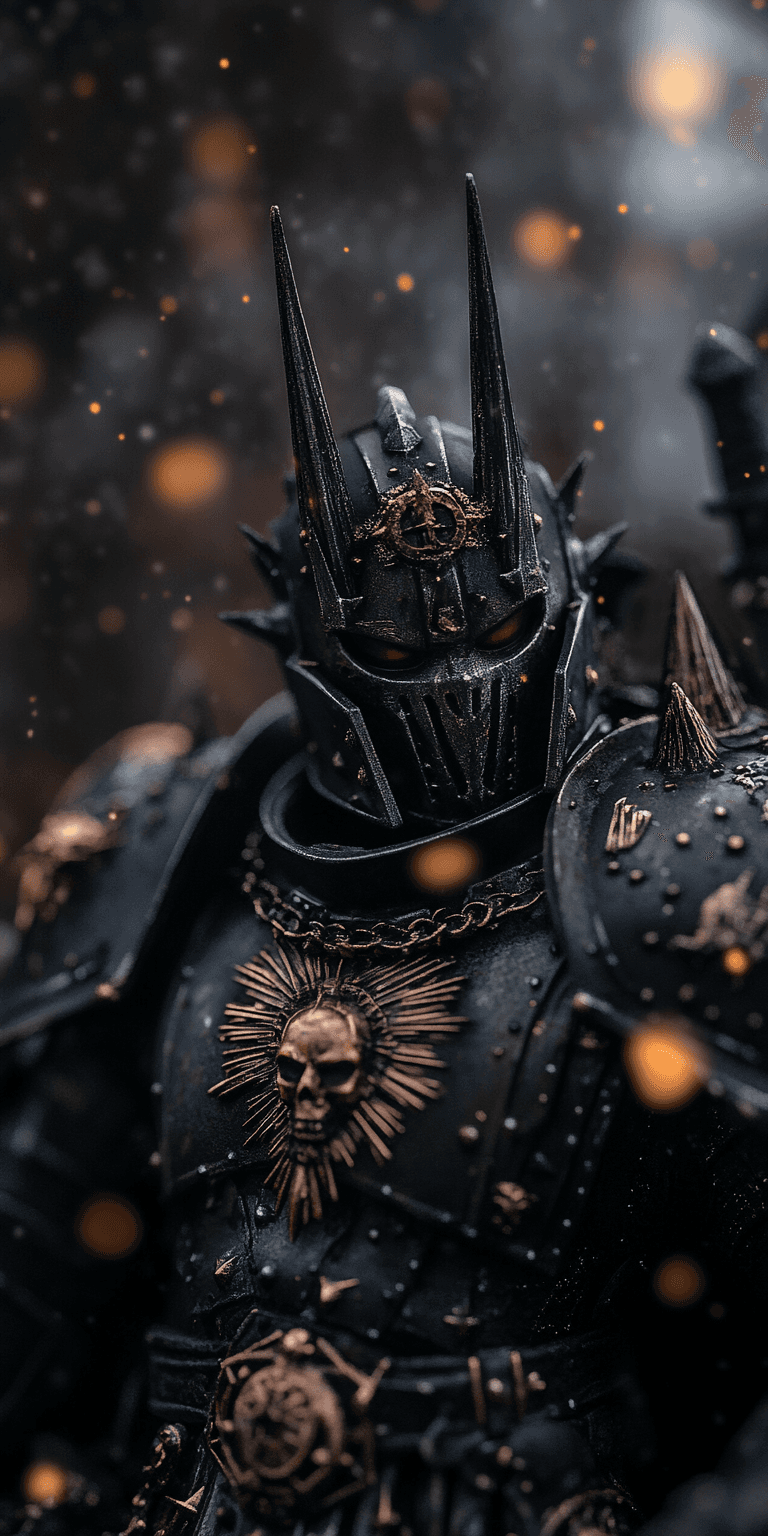 AI generated: A dark, menacing armored figure stands prominently, showcasing an intricate design with sharp angula...