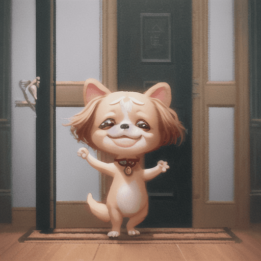 AI generated: Cute small Dog waving at me and smiling greeting me in front of theater door ,unreal engine, cozy in...
