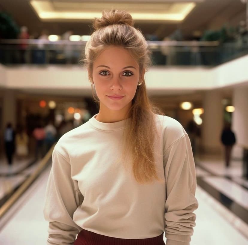 AI generated: Beautiful blonde girl in 1985 wearing side ponytail standing in the mall — s 1000 — weird 1000