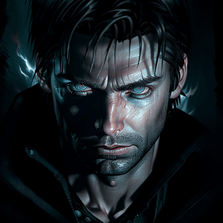 AI generated: eerie portrait poster of alan wake, alone in the dark, silent hill style, vivid, flames. sharp focus...