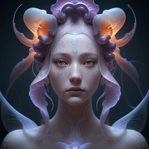 AI generated: Goddess close-up portrait ribcagel. jellyfish phoenix head, nautilus, orchid, skull, betta fish, bio...