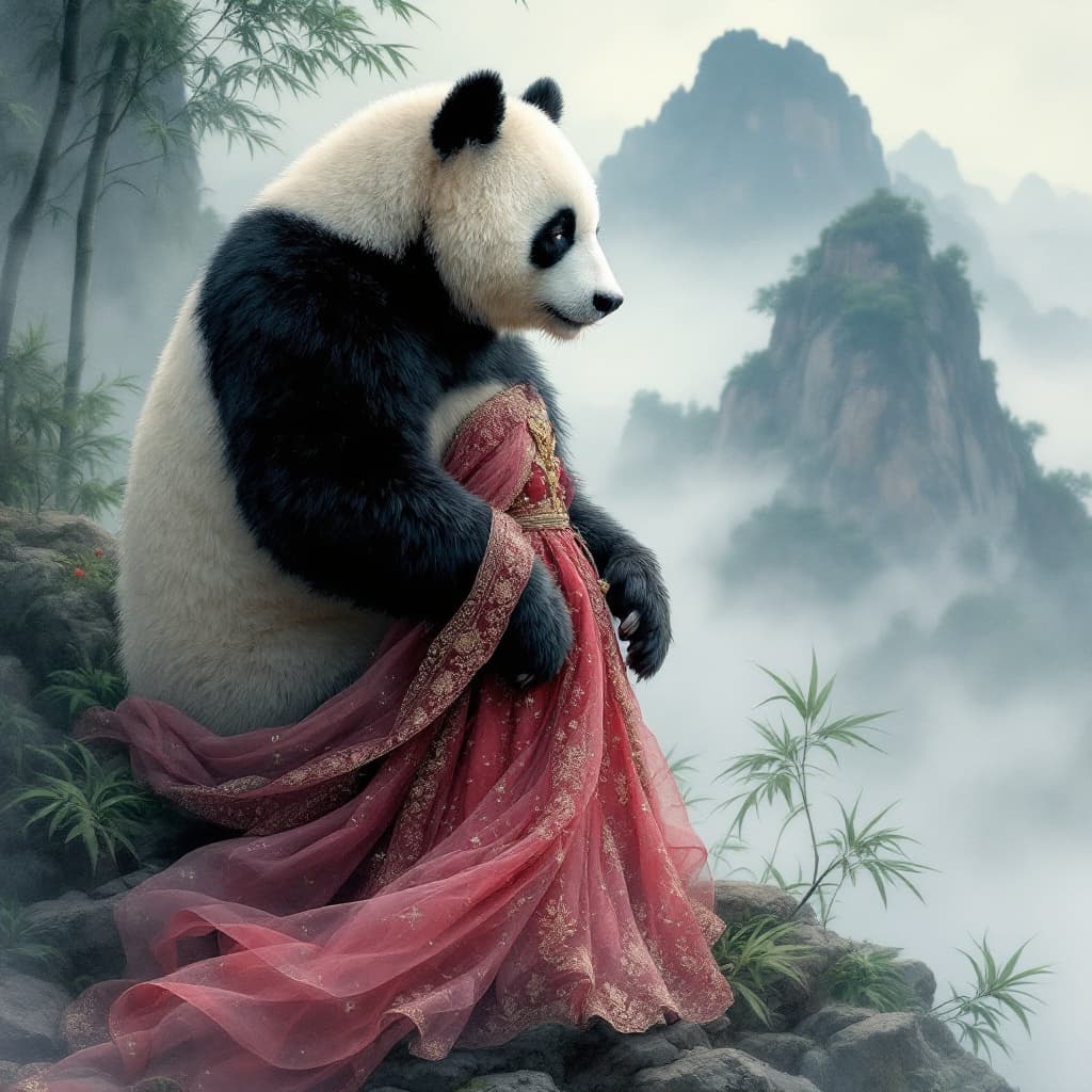 AI generated: A majestic giant panda stands atop a misty mountain peak, surrounded by lush bamboo forests and a se...
