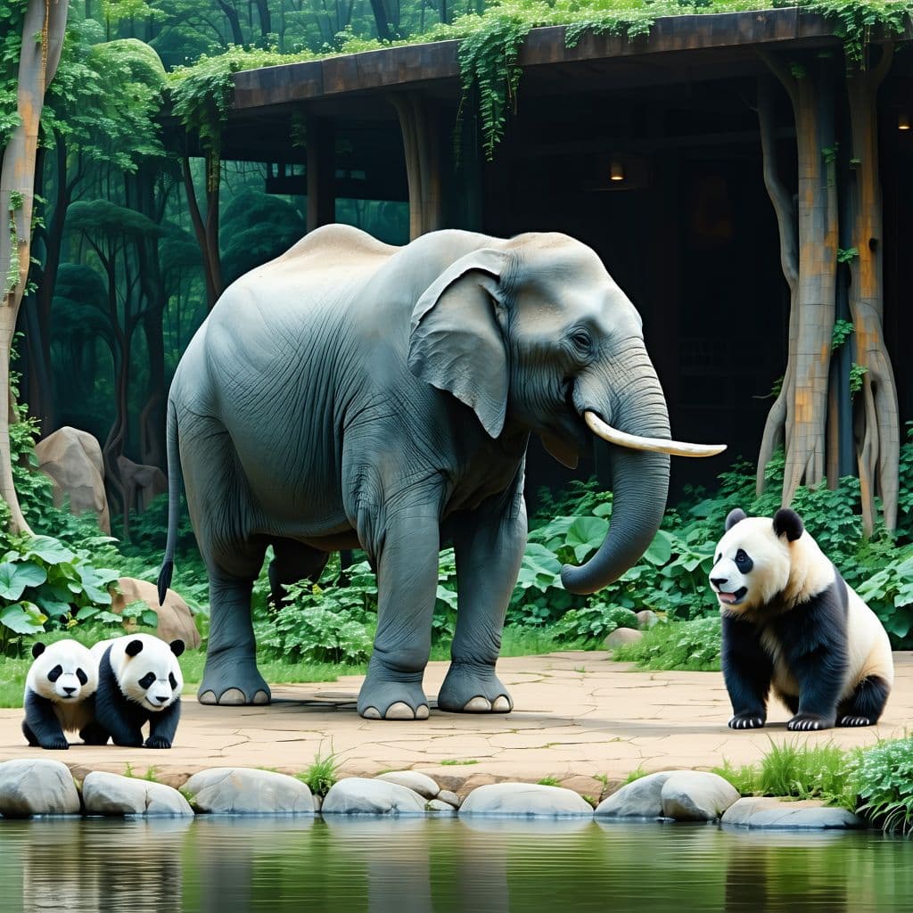 AI generated: Un éléphant qui danse avec des pandas et lions qui le regardent émerveillés