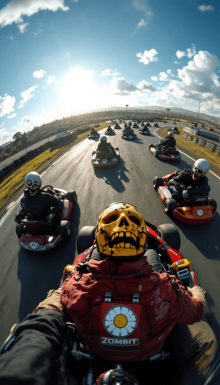 AI generated: Zombies at go-kart racing ,top view,
National Geographic award winning
GoPro Hero shot 