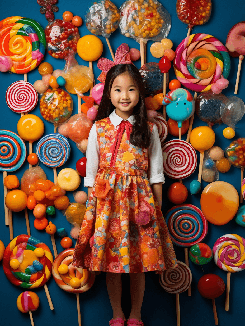 AI generated: a 6 year old chinese girl dressed in fashion, with a happy expression,playful and cute body language...
