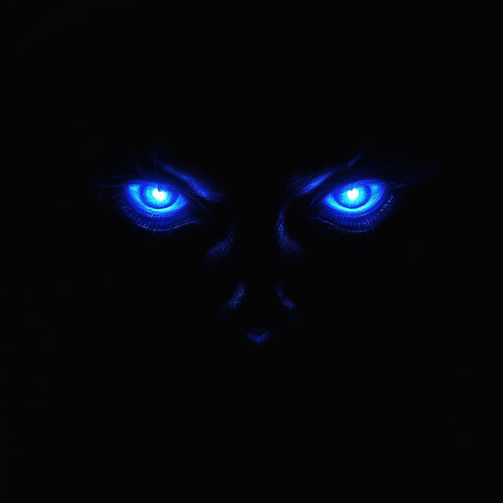 AI generated: a dark skin silhouette of a woman with pair of intense, glowing blue eyes piercing through absolute ...