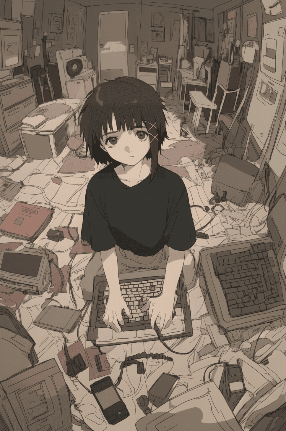 AI generated: Jeremy Mann, 1 girl , solo, sitting, john berkey,messy room, (iwl:1.3),looking afar, short hair, ban...