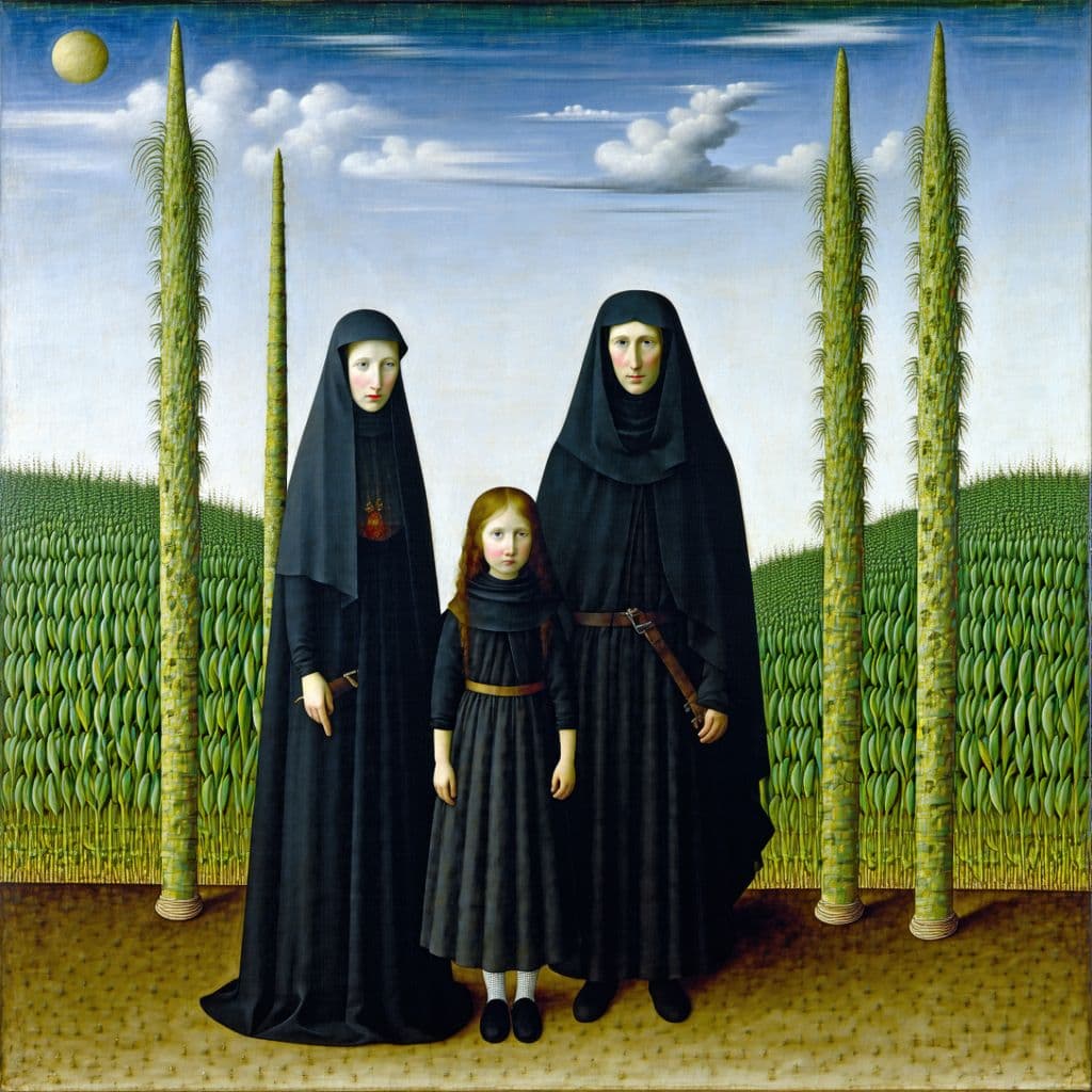 AI generated: in an unsigned and recently discovered painting by Jan van Eyck, a trio consisting of mother, father...