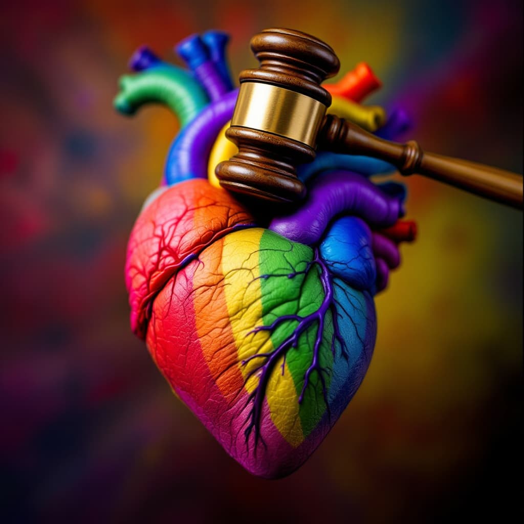 AI generated: A vibrant, rainbow-colored human heart with a gavel above it. The gavel symbolizes the concept of lo...