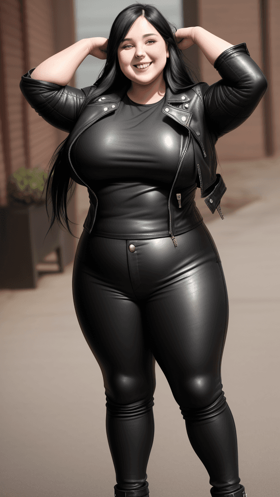 AI generated: 30 year old chubby woman, biceps, long black hair, smiling, wears leather jacket, wears leather pant...