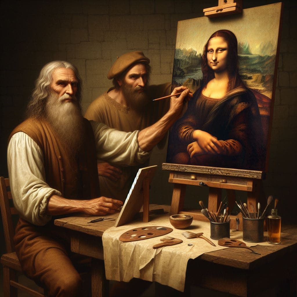 AI generated: Leonardo daVinci makes first drafts for the painting "Mona Lisa", he is dissatisfied with his painti...