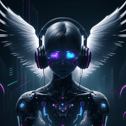 AI generated: Front view, Angels whisper music, beautiful cyborg angel, glowing eyes, techno, cyberpunk, vivid, vi...