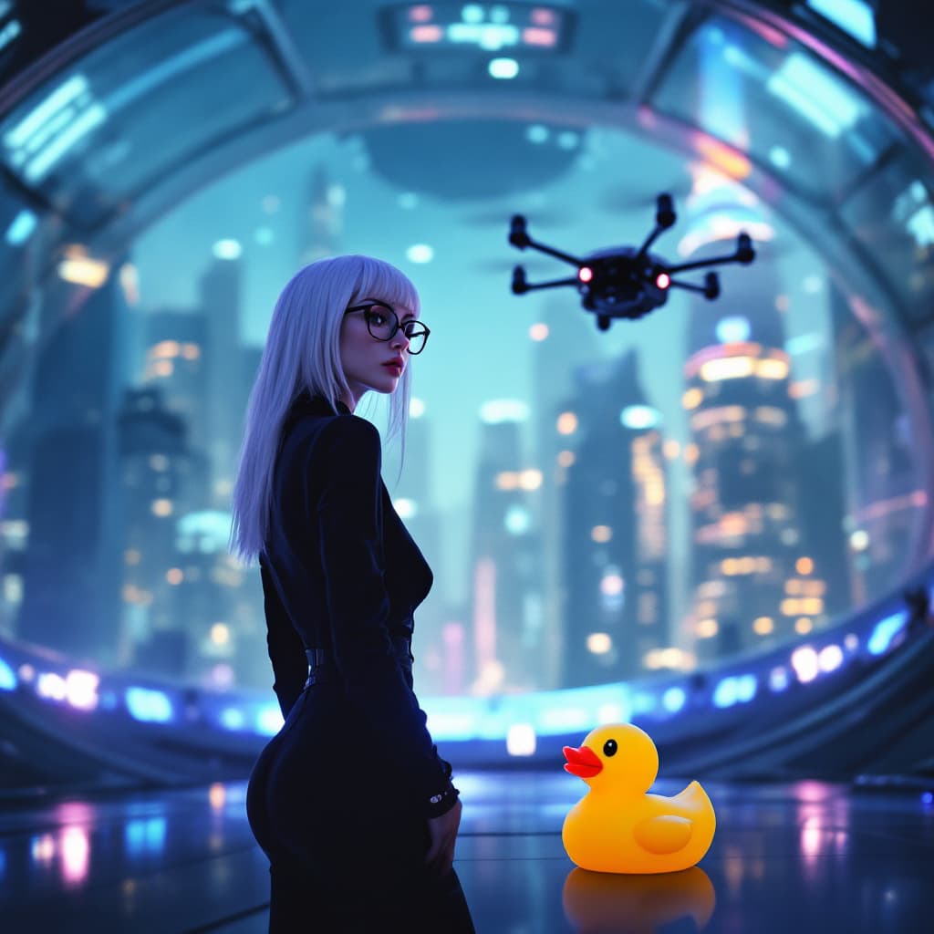 AI generated: A female concert pianist with platinum hair and glasses stands in a futuristic transparent domed cit...
